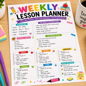 Puede incluir: Una hoja de planificador de lecciones semanal con encabezados coloridos y secciones para información del maestro, objetivos de aprendizaje, planes de evaluación y horarios diarios de lunes a viernes. El documento incluye el texto Weekly Lesson Planner, Plan with Purpose, Teach with Confidence, Stay Organized y detalles específicos de actividades.