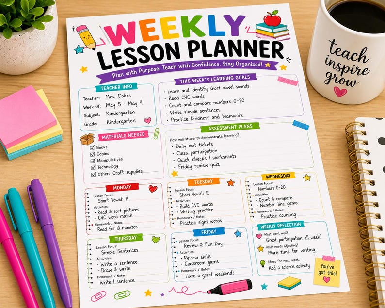 K&ouml;nnte beinhalten: Ein w&ouml;chentlicher Unterrichtsplaner mit bunten &Uuml;berschriften und Abschnitten f&uuml;r Lehrerinformationen, Lernziele, Bewertungspl&auml;ne und Tagesabl&auml;ufe von Montag bis Freitag. Das Dokument enth&auml;lt den Text Weekly Lesson Planner, Plan with Purpose, Teach with Confidence, Stay Organized sowie spezifische Details zu den Unterrichtsaktivit&auml;ten.