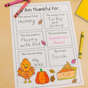 May include: A colorful Thanksgiving-themed drawing on a white paper. The drawing includes the text "I Am thankful For..." and various handwritten answers in boxes, along with illustrations of a turkey, pumpkin, and pie.