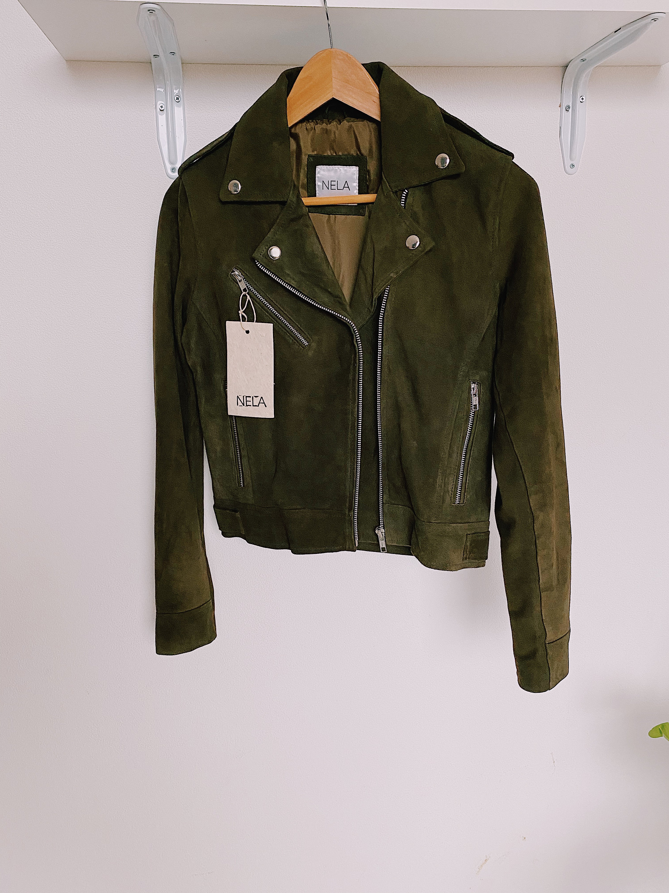 Olive green suede moto jacket Clearance