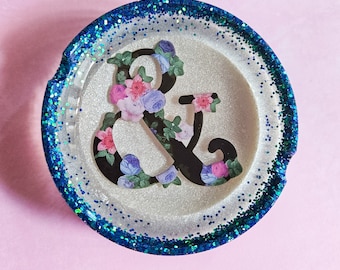Cendrier rond en résine, vide-poches bleu pailleté