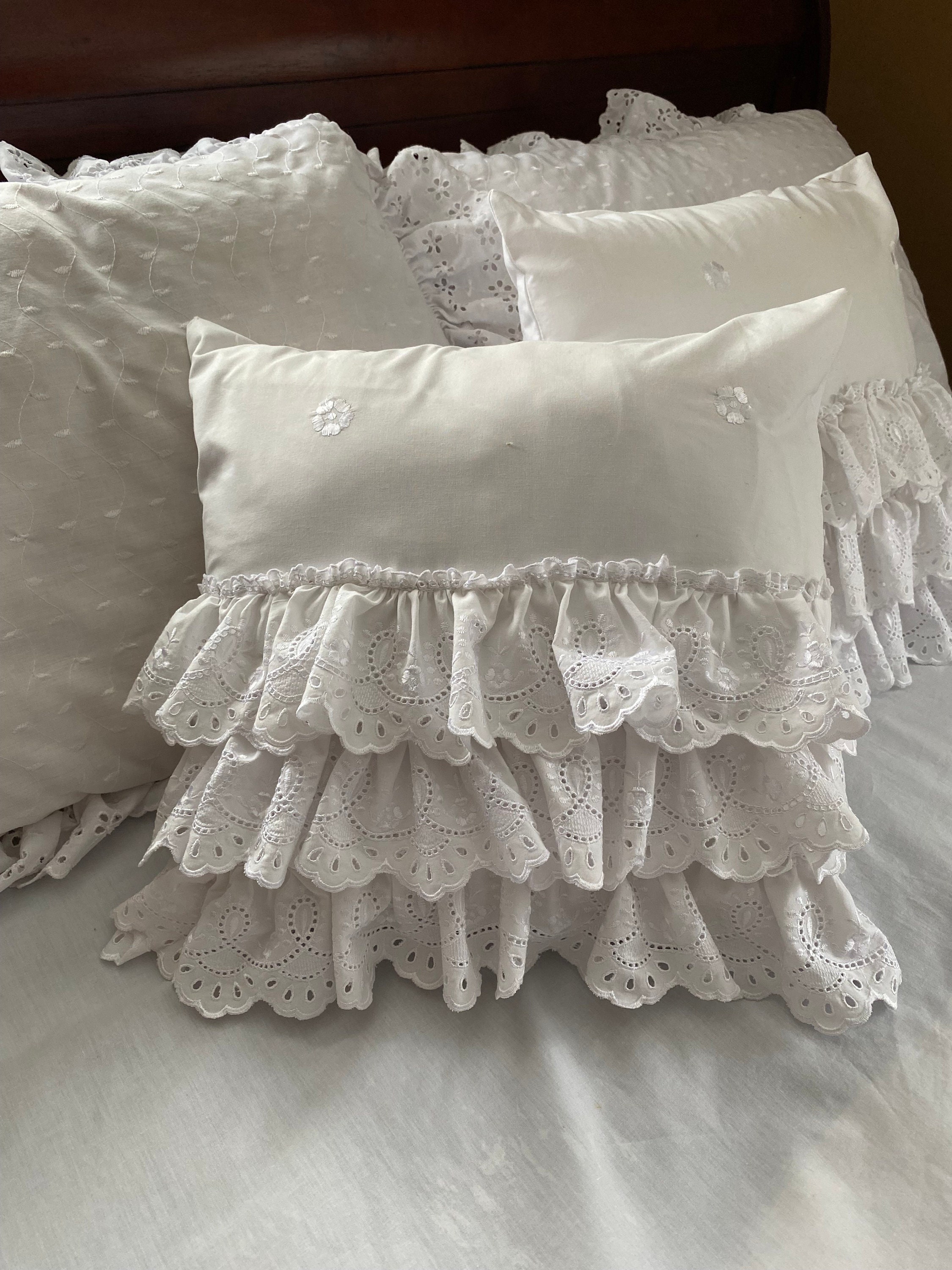 White Lace Shabby Chic Pillow Cover, Lacey Pillow Cover, White Ruffle