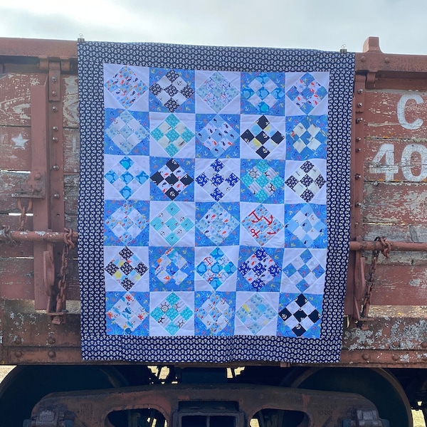 Nautical Print Quilt Top, Baby Boy Quilt Top, Large Baby Boy Quilt Top, Blue Baby Quilt Top, Unfinished Baby Quilt Top, Patchwork Quilt Top