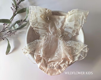 Girls Gold Butterfly Romper Dress: Floral Embroidery, Cake Smash Outfit, sitter romper 3-6 months