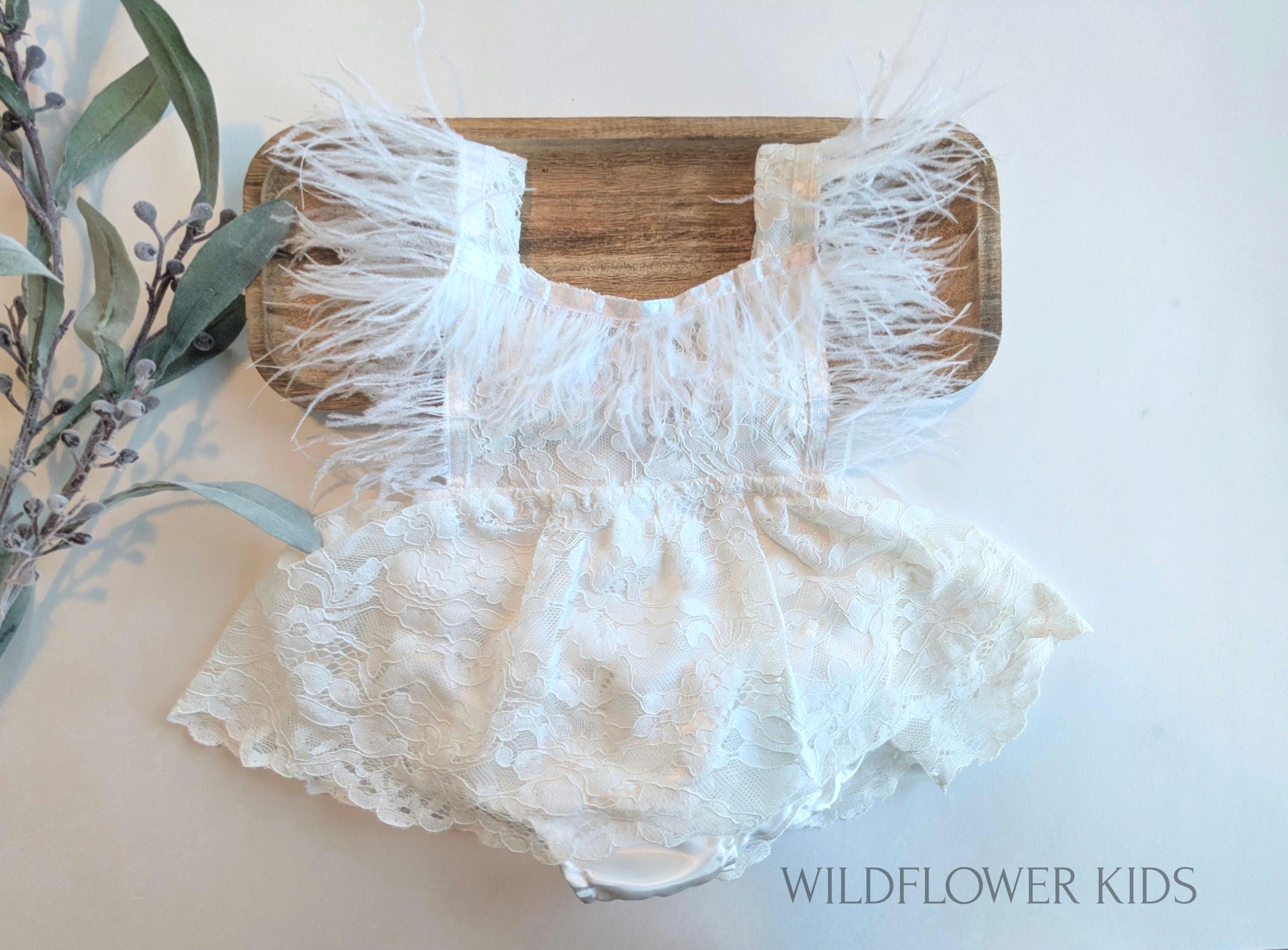 Little girls feather and lace romper, infant girls lace romper dress, first birthday romper, white cake smash romper