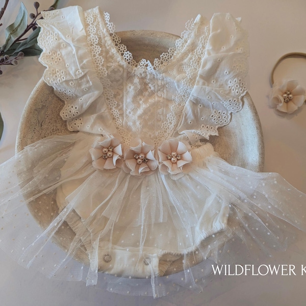 Lace Cake Smash Romper Dress: Boho Flower Girl Outfit