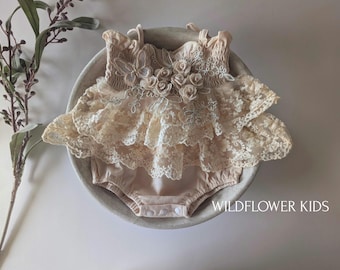 Ivory Cream Butterfly Lace Romper: Baby Girl Cake Smash Outfit