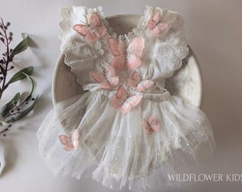 Pink Butterfly Romper dress: Cake Smash, Baptism Outfit, 1st birthday, girls, toddler, sitter romper