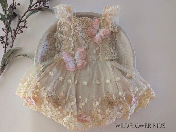 Lace Butterfly Dress: infant Girls Cake Smash Outfit, butterfly detail, sitter romper