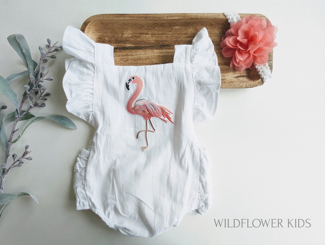 Infant Girls White Bubble Romper With a Flamingo Design, Flamingo