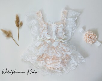 Ruffles and lace infant girls romper dress, child's romper dress, cake smash romper, girls Birthday outfit