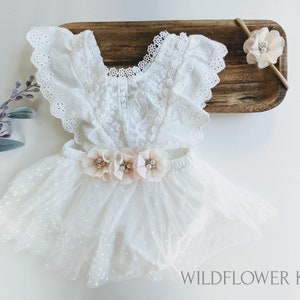 Infant girls cake smash romper dress, Choice of flower colors, toddler romper, Off white lace romper, girls, toddlers, infants.
