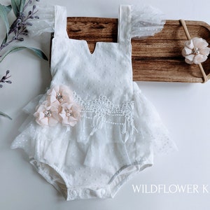 Infant Girls lace Boho Romper, Cake Smash-1st Birthday,Baptism Romper,lace romper with cream flowers