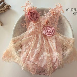 Peach-pink  lace romper dress: Birthday dress with flower detail, sitter romper, cake smash