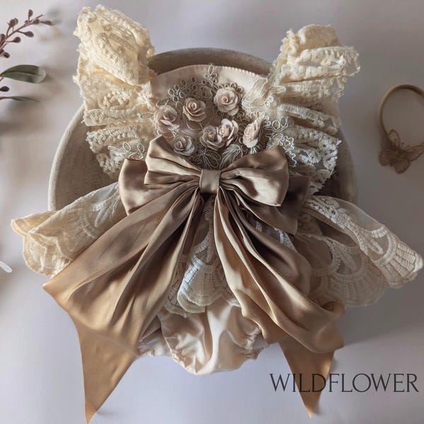 Large bow romper, little girls large bow cake smash outfit, sitter lace romper