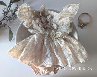 Girls ivory-cream butterfly fairytale romper dress with butterfly detail, Cake Smash-1st Birthday, butterflies, girls infant, toddler