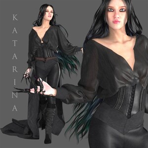 Puede incluir: Ilustración digital de una mujer con un atuendo negro con cabello largo y negro y uñas largas y afiladas de color negro. El atuendo incluye una blusa de manga larga, un corsé y pantalones. El nombre "KATARINA" está escrito verticalmente a la izquierda.