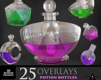 May include: 25 overlays of potion bottles in various shapes and sizes. The bottles are clear glass with different colored liquids inside. The liquids are green, pink, and purple. The bottles are on a black background.