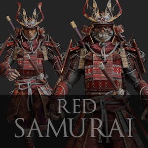 May include: Two red samurai warriors in full armour, one with a skull mask and the other with a traditional helmet. Both are holding swords and have intricate details on their armour.