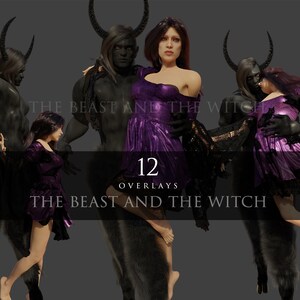 Puede incluir: Una ilustración digital de una bruja vestida de morado que es llevada por una bestia negra con cuernos. La imagen se titula "La Bestia y la Bruja" y tiene 12 superposiciones.
