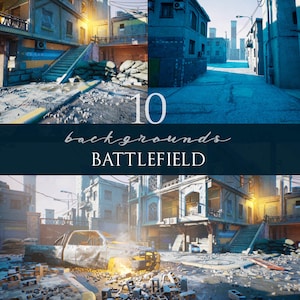 Pode incluir: Dez fundos digitais que representam uma cena de rua de cidade em guerra. Os fundos apresentam edifícios com marcas de bala, escombros e um carro destruído. A cena é iluminada pelo sol e tem um esquema de cores azul e amarelo.