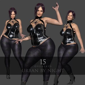Puede incluir: Tres imágenes de una mujer con un top de corsé negro, leggings negros y botas de tacón negro. El texto "15 OVERLAYS URBAN BY NIGHT" se muestra en la parte inferior de la imagen.