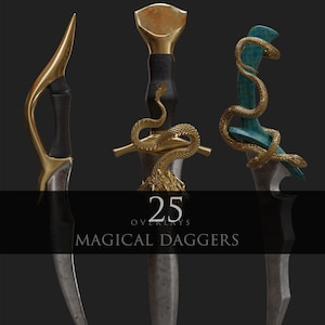 May include: Three decorative daggers with intricate designs. The daggers have gold and black handles with a dragon and snake motif. The text "25 Overlays Magical Daggers" is displayed at the bottom of the image.
