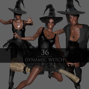 Puede incluir: Imagen de arte digital que presenta tres figuras vestidas de brujas. Cada figura lleva un sombrero de bruja negro, un vestido y botas. La imagen incluye el texto "36 OVERLAYS DYNAMIC WITCH". Una figura sostiene una escoba.