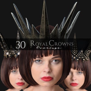 May include: A set of 30 digital overlays featuring royal crowns. The crowns are made of metal and have a dark, aged finish. The crowns are designed to be used as digital overlays for photos and other digital images.