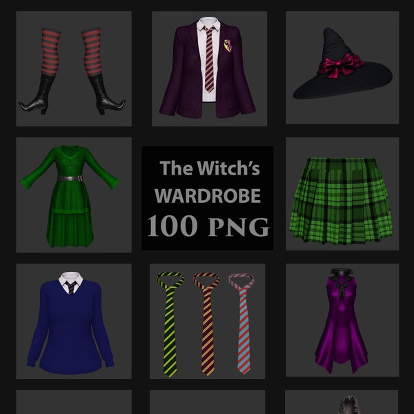 Witch Wardrobe/Cozy/Halloween/Clothes/Overlays/Instant Downloads/PNG/Clipart/Photoshop/Fantasy/Whimsical/Spooky/Witch Hat/Witch Boots