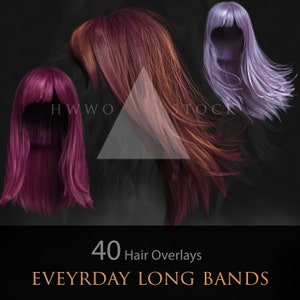 Peut inclure: Trois extensions de cheveux longues de différentes couleurs : violet foncé, violet clair et brun rougeâtre. Les extensions de cheveux sont disposées en forme de triangle avec le texte « HWW Stock » visible en arrière-plan.