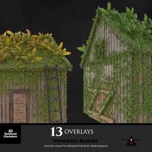 Puede incluir: Dos graneros de madera con enredaderas y plantas que los cubren. Los graneros están desgastados y tienen un aspecto rústico. La imagen está etiquetada como "13 Superposiciones Graneros de Madera".