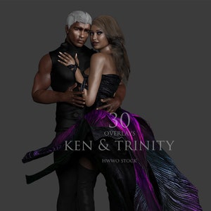 Puede incluir: Imagen digital de una pareja con ropa formal. La mujer lleva un vestido negro y morado con una cola fluida. El hombre viste un atuendo negro, abrazando a la mujer. El texto en la imagen dice "30 OVERLAYS KEN & TRINITY" y "HWWO STOCK".