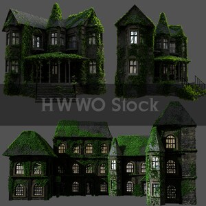 3 Cozy Houses/Clipart/Overlay/Villas/Building/Scenery/Architecture/Plants/Stock/Instant Download/PNG/Photoshop/Composite/Fantasy/Resources