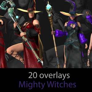 May include: Two women dressed as witches, one in a red and black outfit and the other in a black and purple outfit, holding staffs with ornate designs. The text "20 overlays Mighty Witches" is at the bottom of the image.