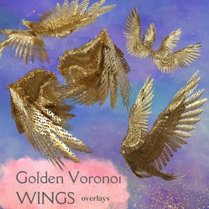 Puede incluir: Cinco superposiciones de alas doradas de Voronoi sobre un fondo de acuarela púrpura y azul con purpurina dorada. El texto "Golden Voronoi WINGS overlays" está en la parte inferior de la imagen.