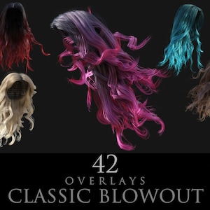 May include: A collection of 42 hair overlays for digital art, featuring various colors and styles, including pink, blue, red, and blonde. The text "42 Overlays Classic Blowout" is displayed at the bottom of the image.