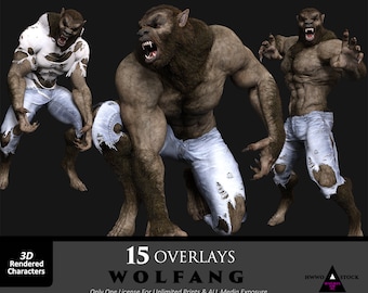 Op de afbeelding: 15 digitale overlays van een weerwolf in verschillende poses. De weerwolf is een gespierd, harig wezen met een grommende uitdrukking. De overlays zijn ontworpen voor gebruik in digitale kunst- en designprojecten. De tekst "WOLFANG" wordt onder de afbeelding weergegeven.