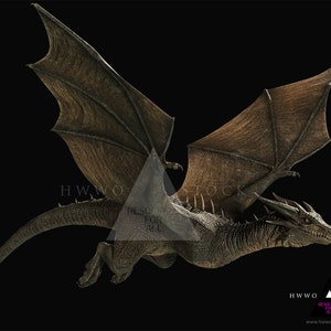 Peut inclure: Un dragon vert et brun avec de grandes ailes vole en plein vol sur un fond noir. Le dragon a une longue queue et des griffes acérées. Les ailes du dragon sont déployées et sa tête est tournée sur le côté. Les yeux du dragon sont ouverts et sa bouche est fermée. Les écailles du dragon sont visibles et son corps est musclé. Le dragon est un modèle 3D et est rendu dans un style réaliste.