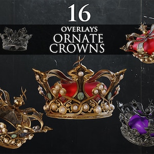 May include: 16 ornate gold crowns with red, purple, and white gems. The crowns are layered on a dark background with the text "16 Overlays Ornate Crowns".