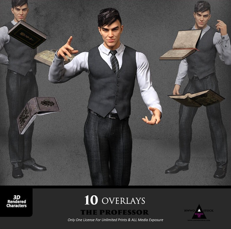 May include: A digital illustration of a man wearing a white shirt, a black vest, and black pants. He is holding a book in his left hand and a book in his right hand. The text "10 OVERLAYS THE PROFESSOR" is at the bottom of the image.
