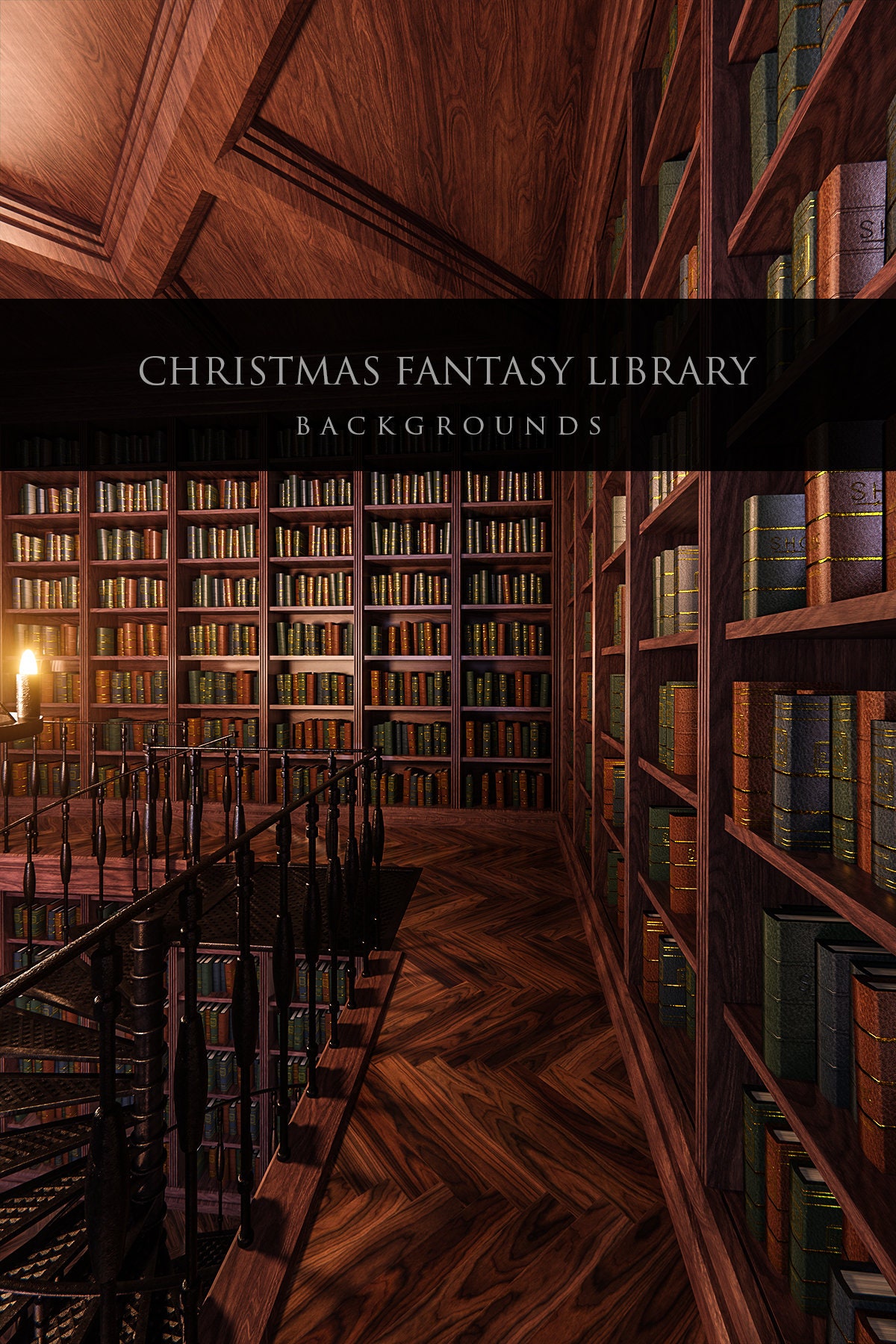 Christmas Fantasy Library/Gothic Library/Digital Backgrounds/Architecture/Bookshelves/Stock Image/Majestic Pillars/Arch/Books/Photoshop