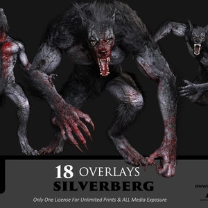 Op de afbeelding: Een 3D-gerenderd weerwolf-personage met een grommende uitdrukking. De weerwolf is bedekt met vacht en heeft bloedspatten op zijn lichaam. De afbeelding maakt deel uit van een set van 18 overlays genaamd "Silverberg".