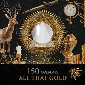 Op de afbeelding: Een verzameling van 150 gouden overlays, waaronder een hert, een spiegel, een buste, een klok, een bij en munten. De tekst "All That Gold" staat onderaan de afbeelding.