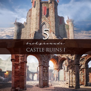 May include: Five backgrounds of a ruined castle with stone arches and columns. The castle is set against a backdrop of mountains and a cloudy sky. The ruins are overgrown with vegetation and have a weathered, aged appearance.