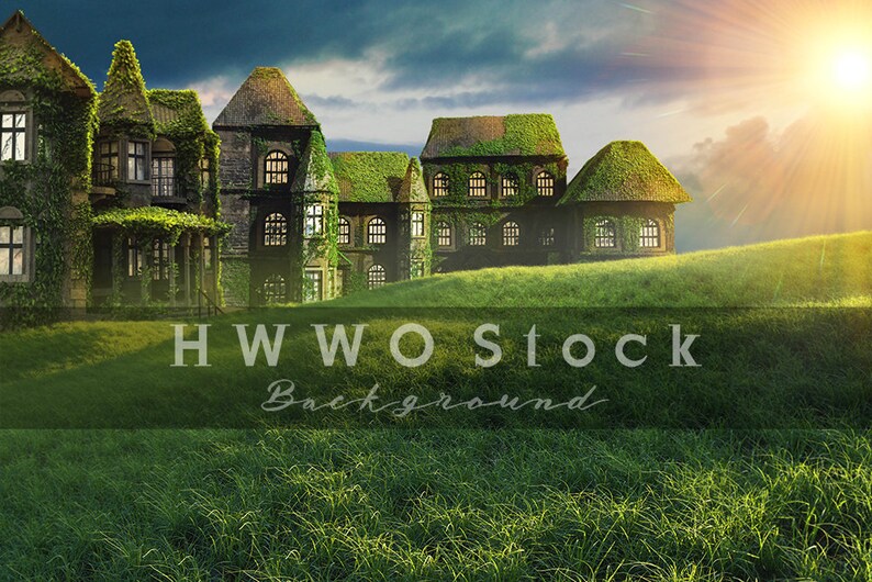 May include: A large, ivy-covered house with multiple windows sits on a grassy hill. The sun shines brightly in the background, casting a warm glow over the scene. The text "HWW Stock Background" is visible in the foreground.