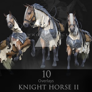 May include: Three 3D renderings of a white and brown horse wearing armor and a saddle. The horse is wearing a white cloth draped over its back. The horse is in three different poses. The text "10 Overlays KNIGHT HORSE II" is at the bottom of the image.
