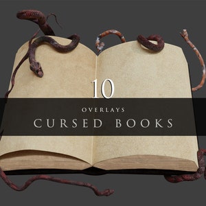 May include: A set of 10 digital overlays featuring a vintage book with snakes wrapped around it. The text "10 Overlays Cursed Books" is displayed on a black banner.