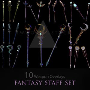 Puede incluir: Un conjunto de 10 superposiciones de armas de personal de fantasía. Los bastones están hechos de madera, metal y gemas. Están decorados con diseños intrincados y efectos brillantes. 10 superposiciones de armas FANTASY STAFF SET