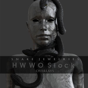 May include: A black snake wrapped around a gray, textured human bust. The snake is coiled around the neck and head of the bust. The bust has a neutral expression. The text "SNAKE JEWELRIES HWWOSTOCK OVERLAYS" is at the bottom of the image.
